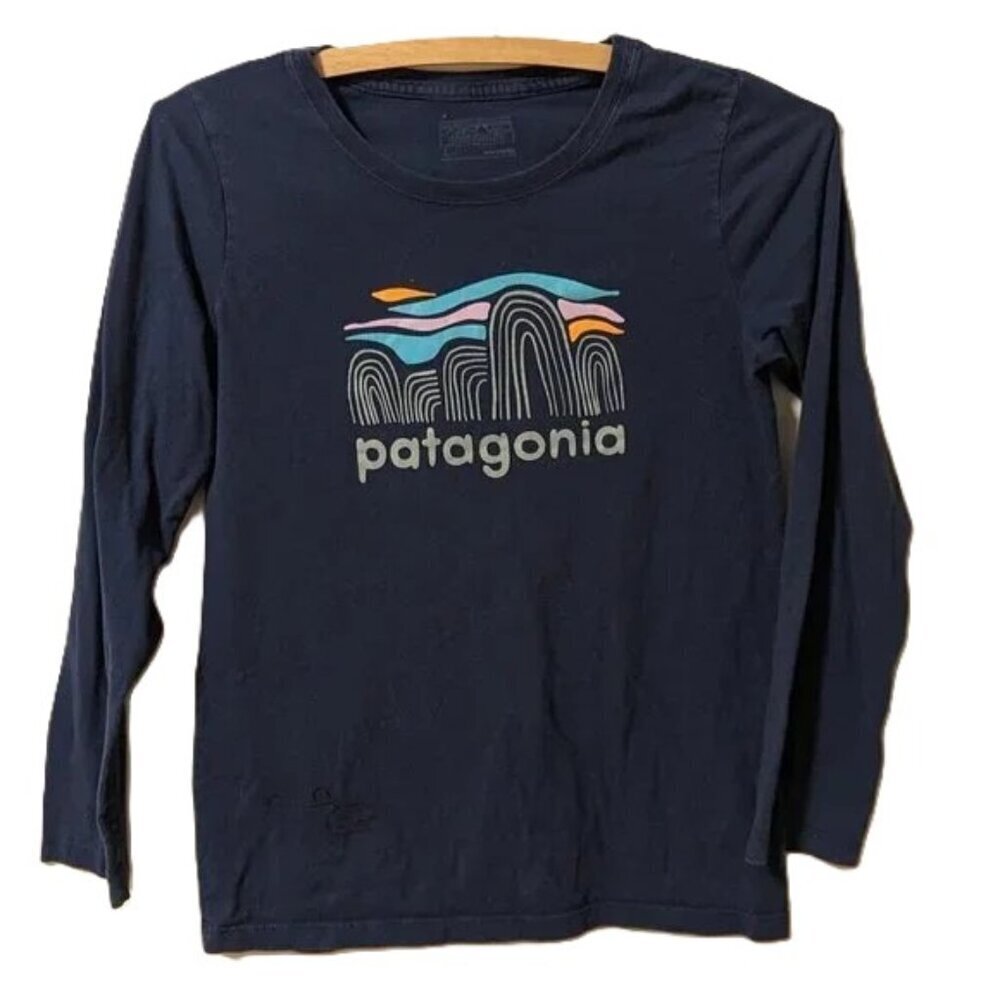 Patagonia Graphic Tee Shirt Long Sleeve Blue Unisex Activewear Youth Large 12